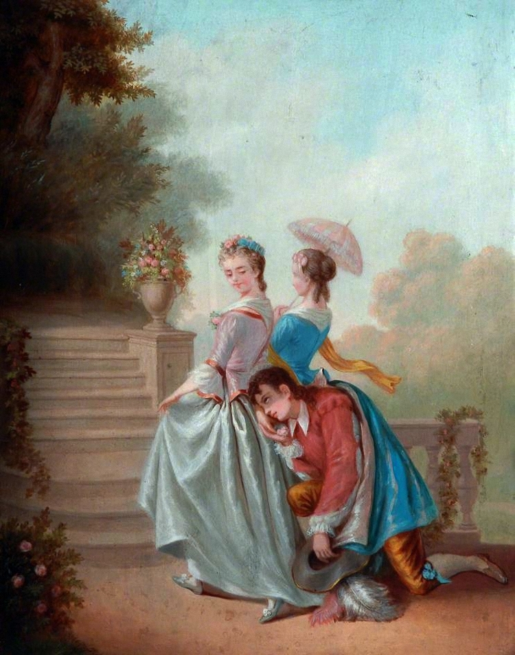 A Young Girl, Attended By A Chaperone, Secretly Giving A Rose To Her Lover by C. de Blay, 1865
